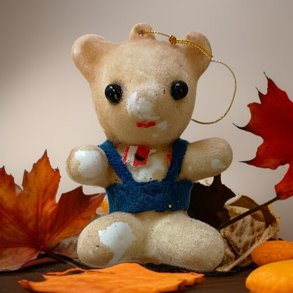 Vtg Flocked Bear Ornament Kitschy 60s Christmas Holiday Teddy Plastic Beige Blue
